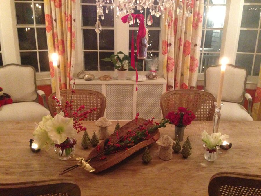 Christmas, red dahlias in a wooden trough