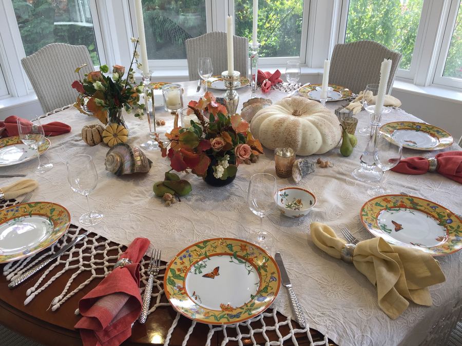 Fall, white pumpkin and orange florals on lace, Hermès china
