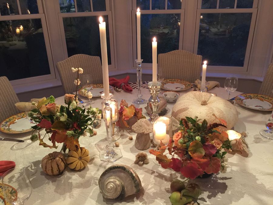 Fall close-up, tapers, pumpkin, silver, coral napkin