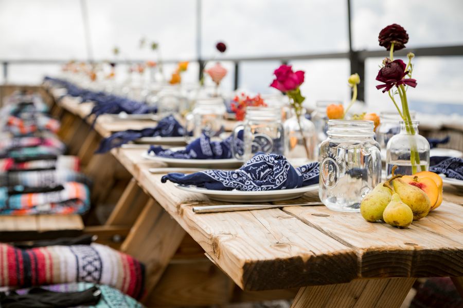 The Well, Powder Mountain: bandana napkins, mason jars, pears