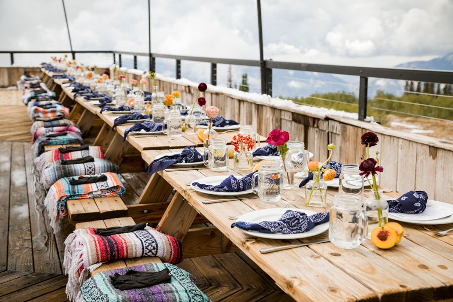 The Well, Powder Mountain: full deck table, serape benches, mountains