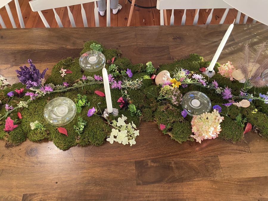 Foraged moss runner wide, purple flowers, votives