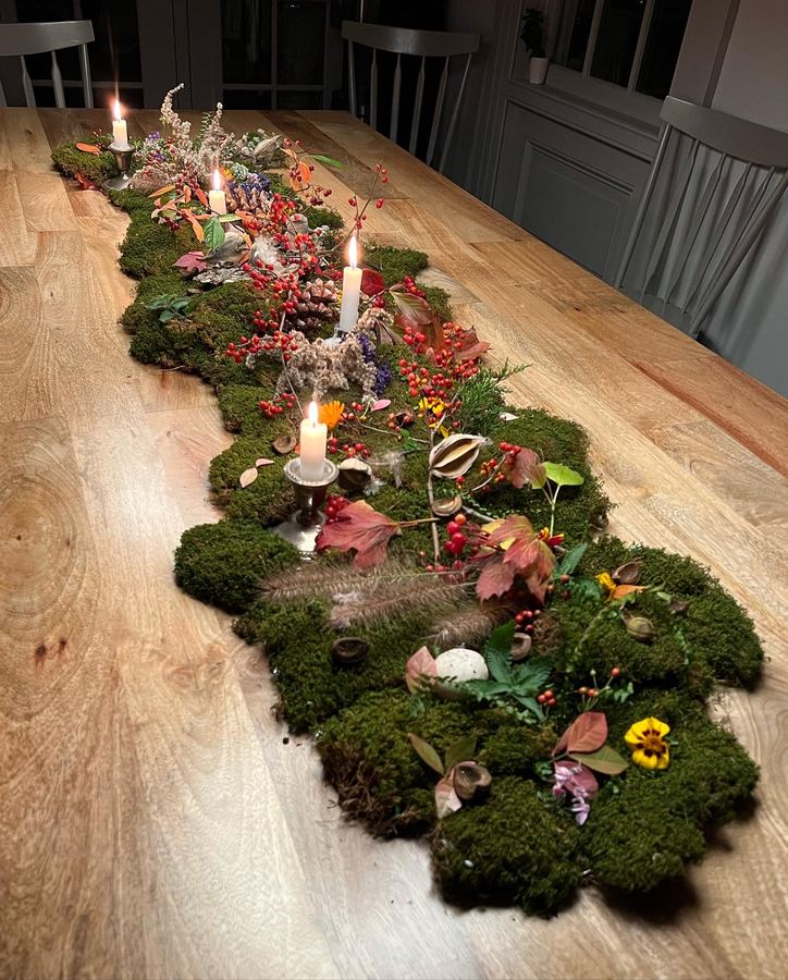 Foraged moss runner with mushrooms, pinecones, fall leaves