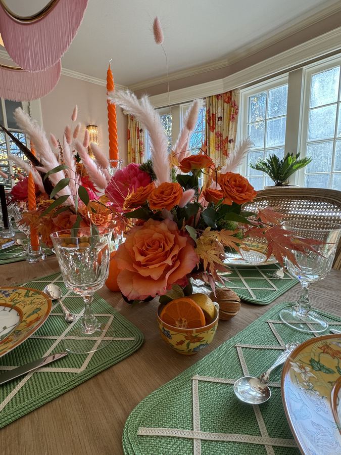 Thanksgiving centerpiece with pampas and coral roses