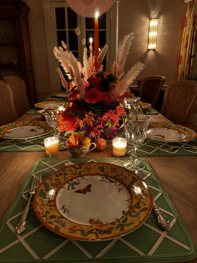 Thanksgiving place setting, pampas behind