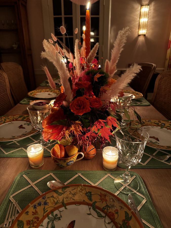 Thanksgiving centerpiece with candles lit