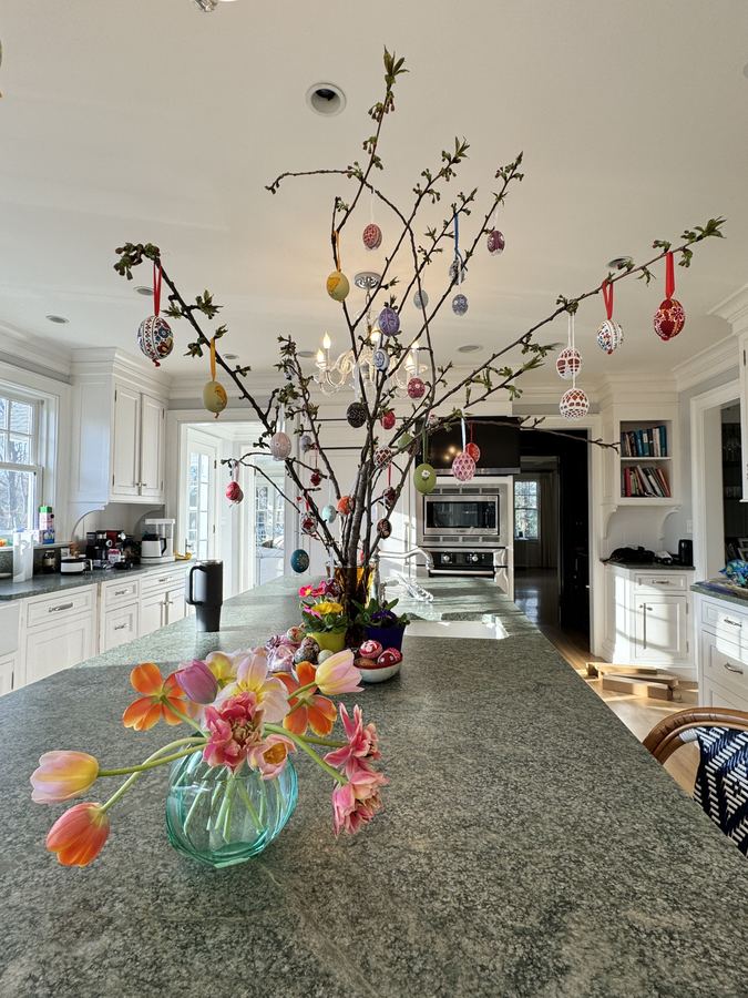 Easter branch tree, tulips, kitchen
