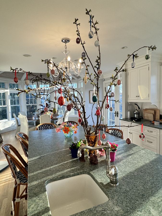 Easter branch tree with chandelier, kitchen island