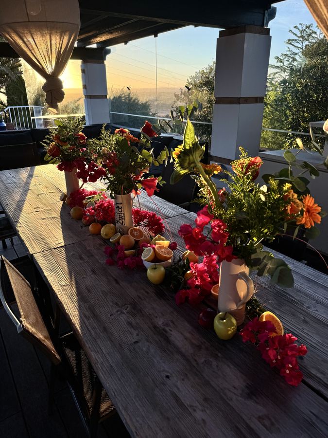 Outdoor table, bougainvillea, sunset, Miami