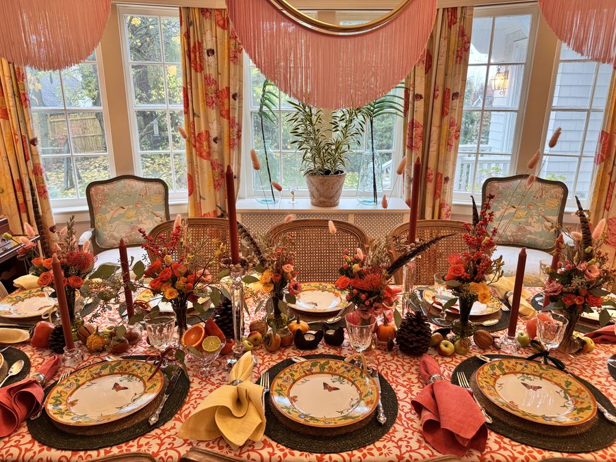 Thanksgiving long table, red tapers, orange cloth
