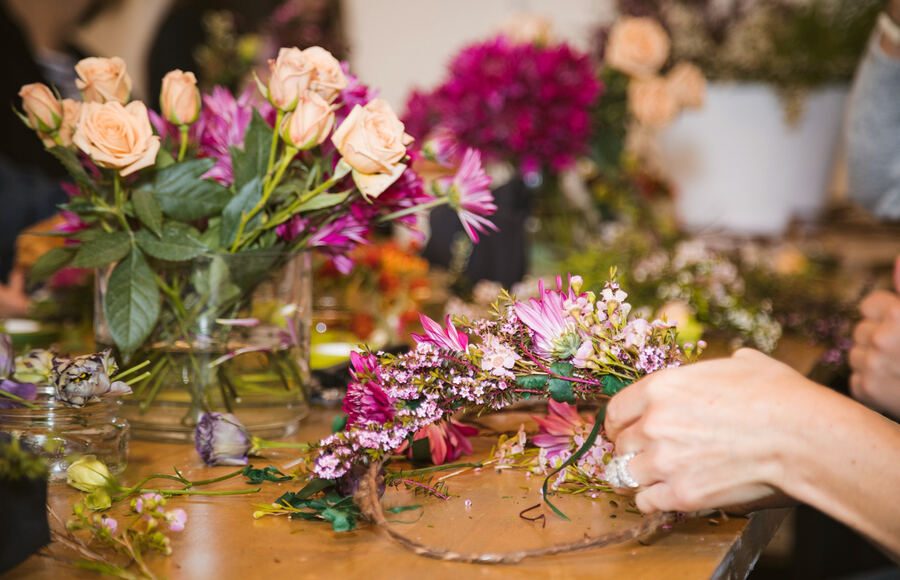 The Well, Powder Mountain: arranging garden roses and dahlias