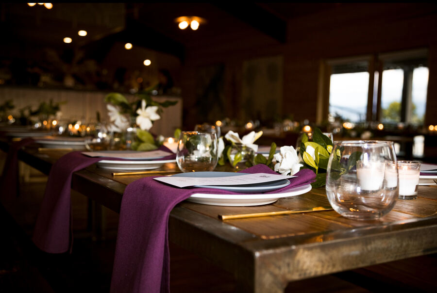The Well, Powder Mountain: long table, plum napkins, candles