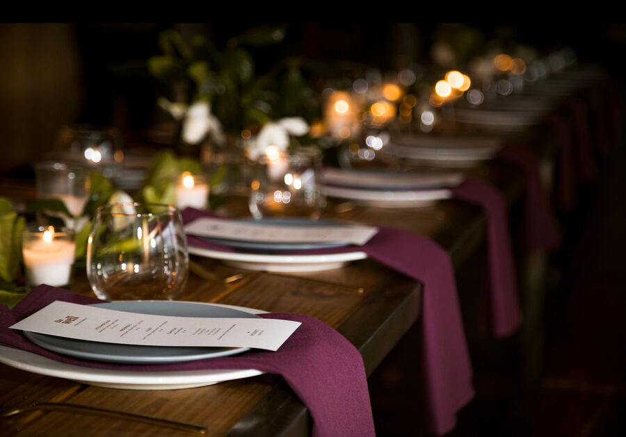 The Well, Powder Mountain: place settings with menus and plum napkins