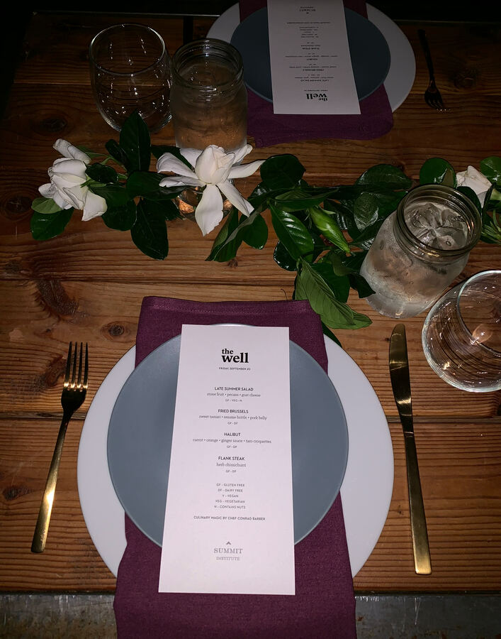 The Well, Powder Mountain: place setting from above, gardenias