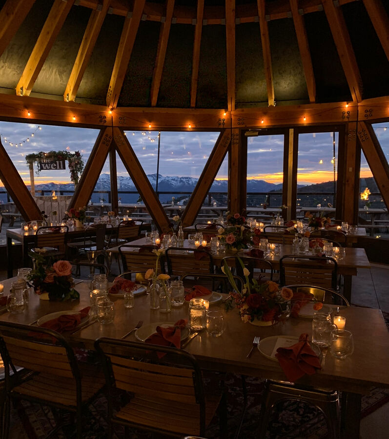 The Well, Powder Mountain: yurt tables at dusk