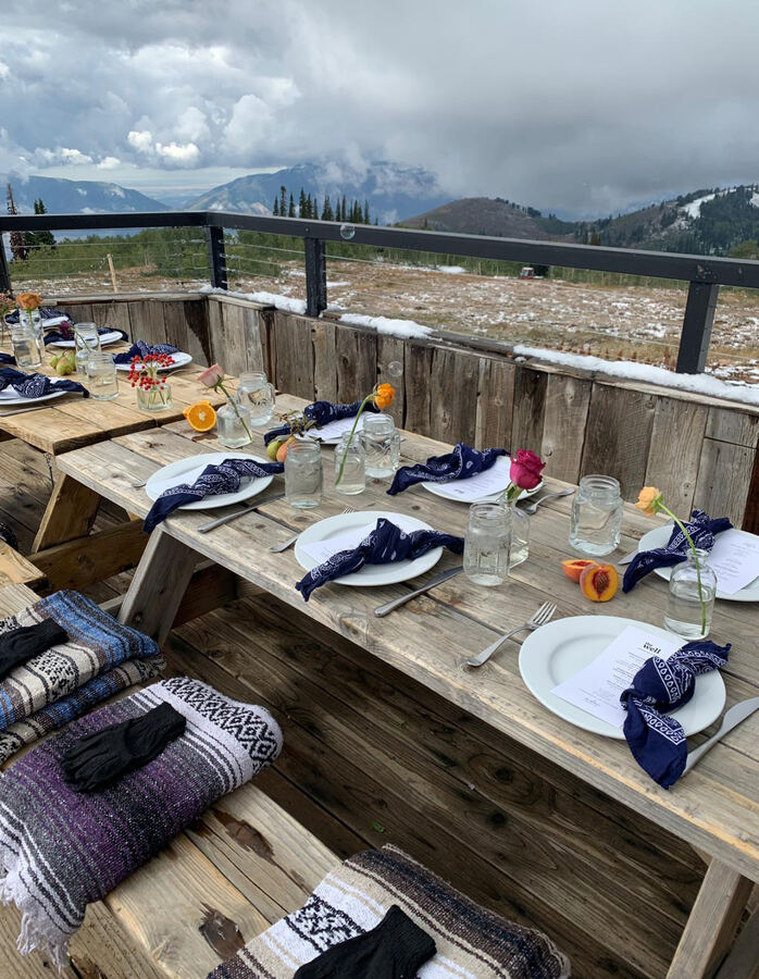The Well, Powder Mountain: deck table, navy bandanas, snow