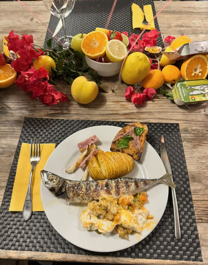 Lunch plate with citrus and bougainvillea