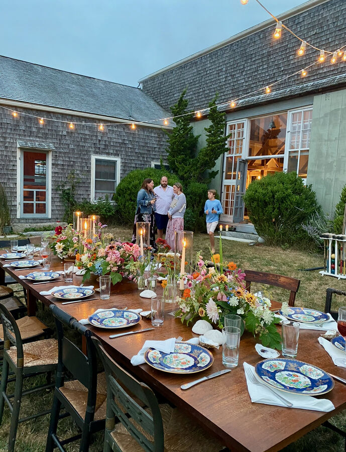 Martha's Vineyard: blue and white china, garden flowers, string lights