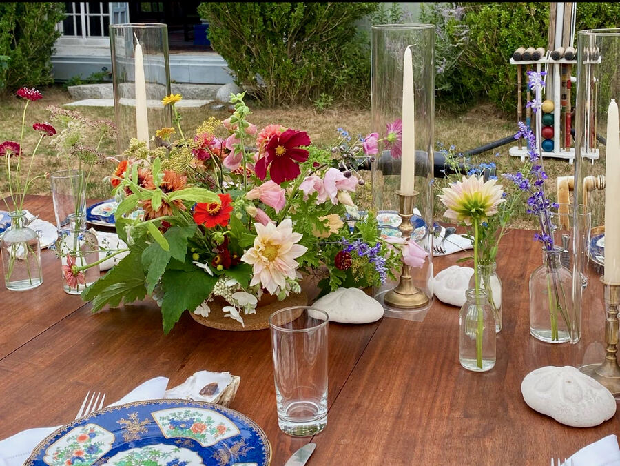 Martha's Vineyard: dahlias, zinnias, hurricanes, blue china, close